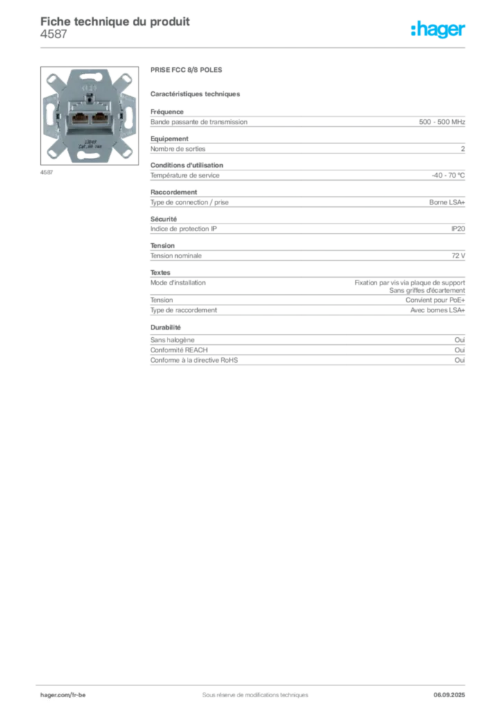 Image Hager Fiche technique du produit 4587 | Hager Belgique