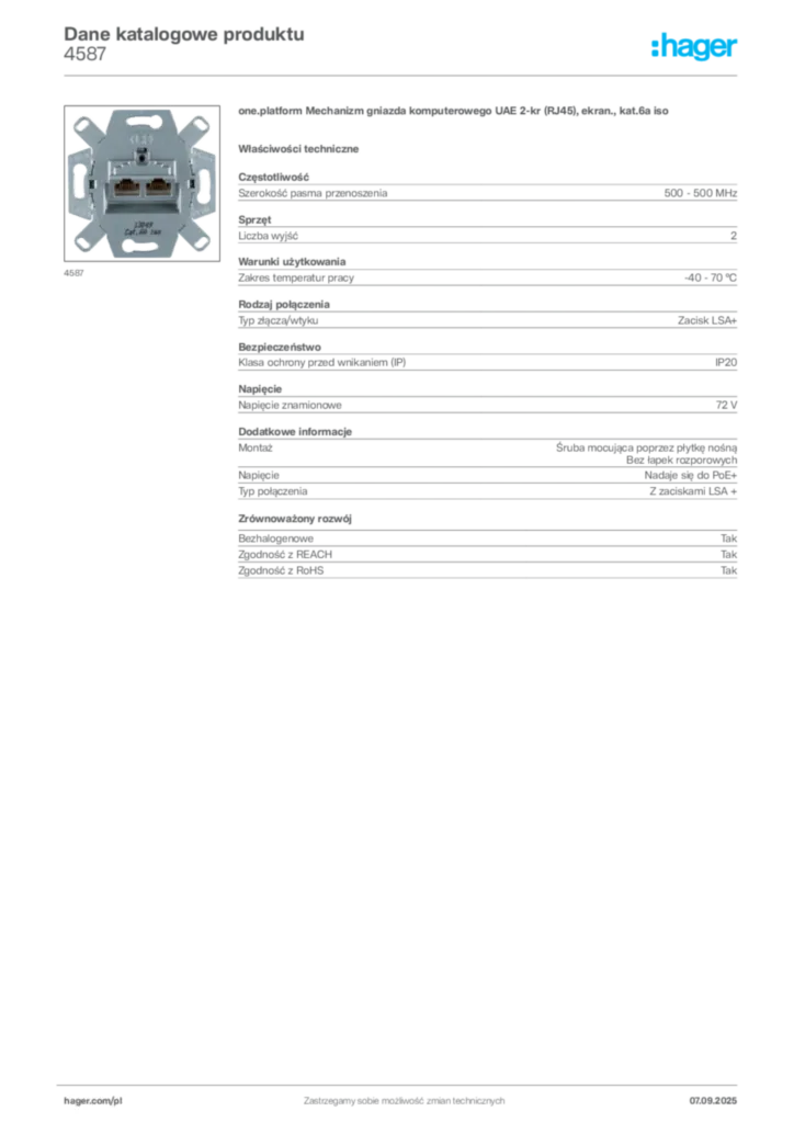 Zdjęcie Hager Dane katalogowe produktu 4587 | Hager Polska