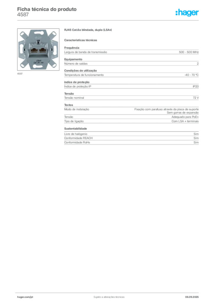 Imagem Hager Ficha técnica do produto 4587 | Hager Portugal