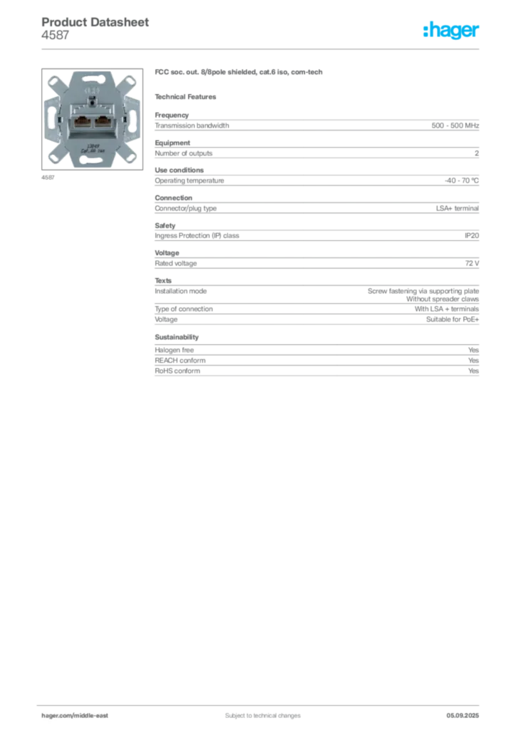 Image Hager Product data sheet 4587  | Hager