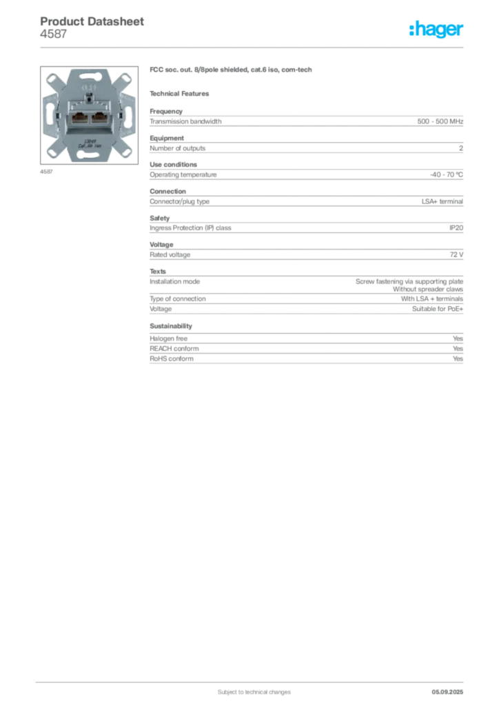 Image Hager Product data sheet 4587  | Hager