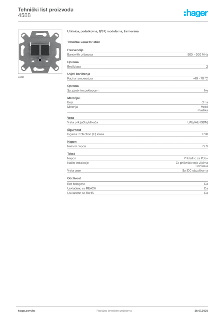 Slika Hager Product data sheet 4588  | Hager