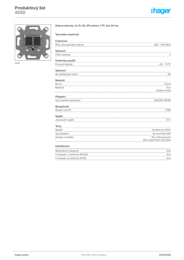 Obrázek Hager Produktový list 4588 | Hager