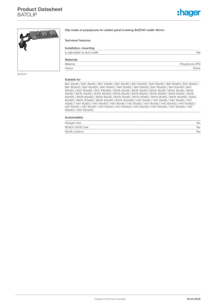 Image Hager Product data sheet BA7CLIP  | Hager Africa