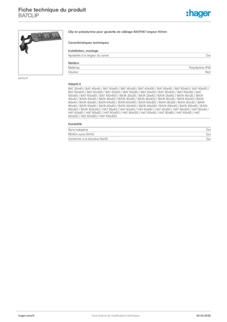 Image Hager Fiche technique du produit BA7CLIP | Hager France