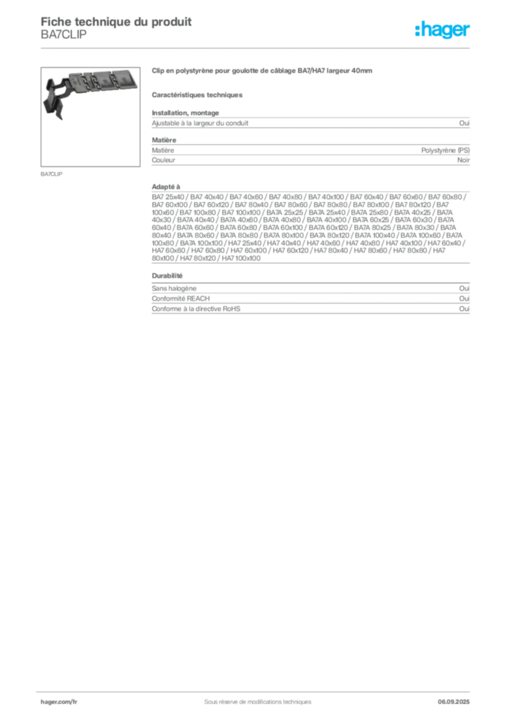 Image Hager Fiche technique du produit BA7CLIP | Hager France