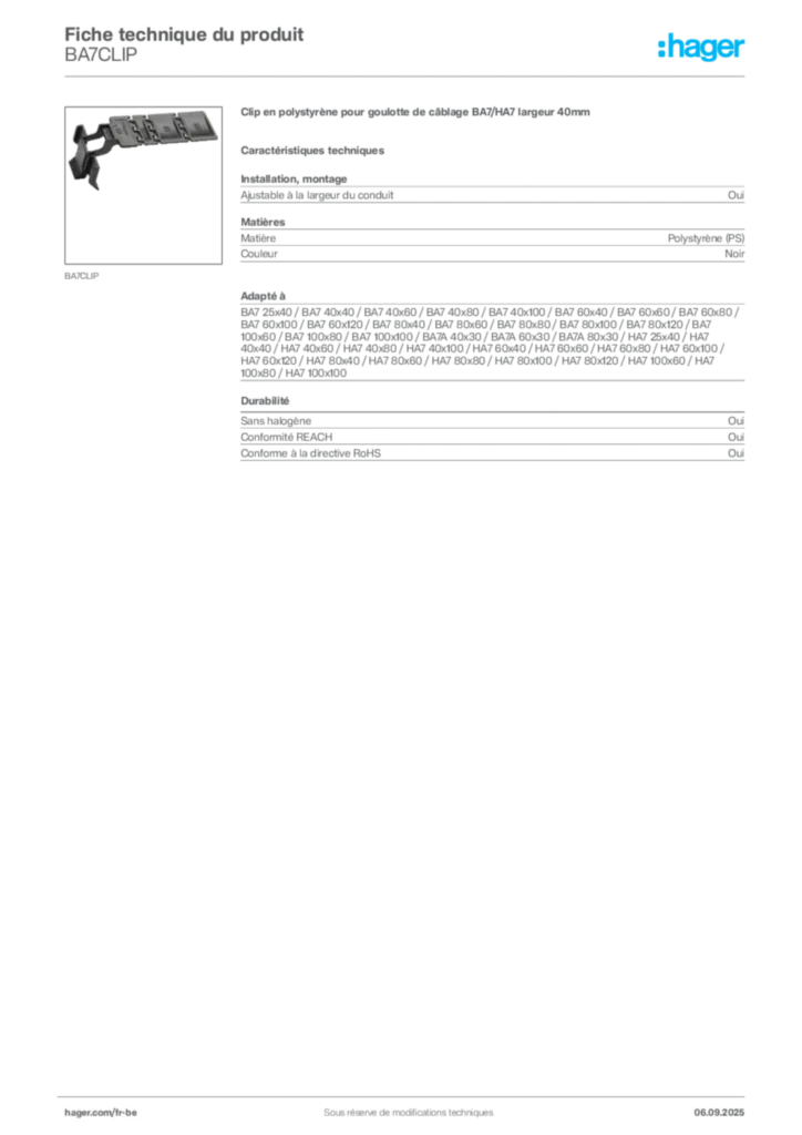 Image Hager Fiche technique du produit BA7CLIP | Hager Belgique