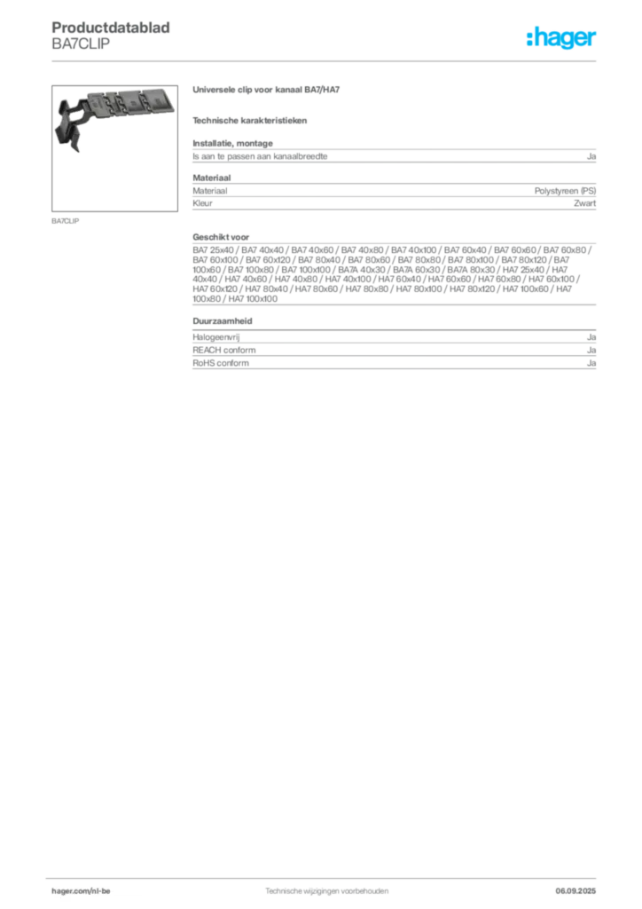 Afbeelding Hager Productdatablad BA7CLIP | Hager Belgium