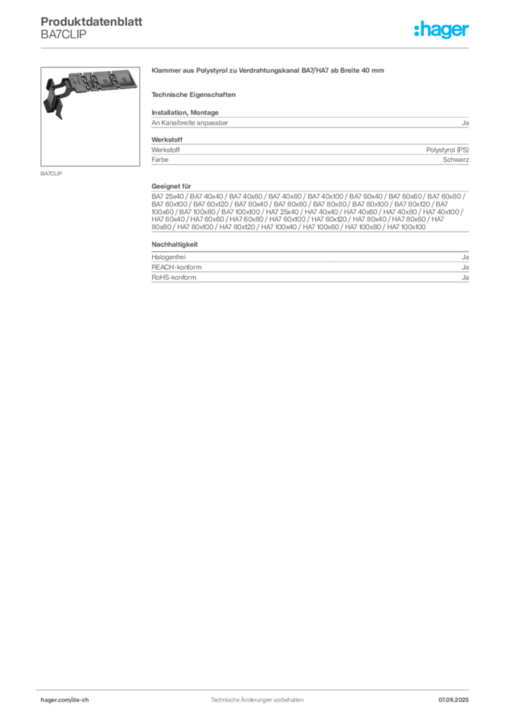 Bild Hager Produktdatenblatt BA7CLIP | Hager Schweiz