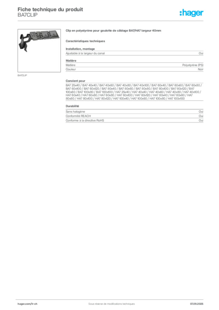 Image Hager Fiche technique du produit BA7CLIP | Hager Suisse