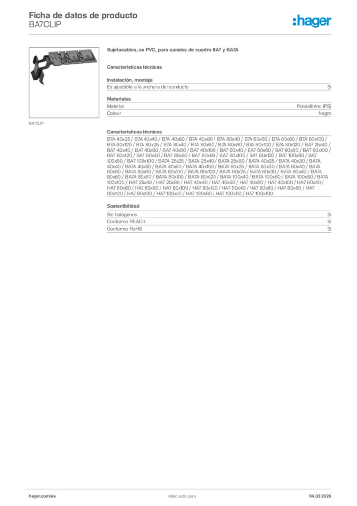 Imagen Hager Ficha de datos de producto BA7CLIP | Hager España