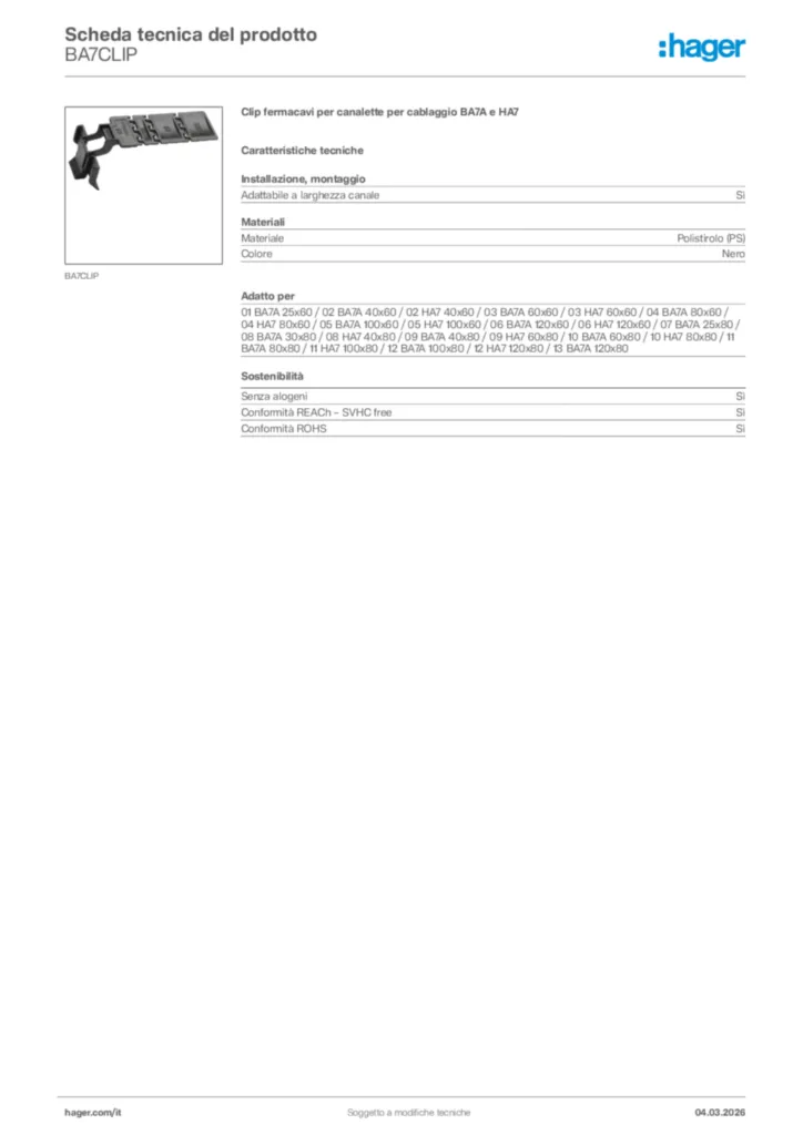 Immagine Hager Scheda tecnica del prodotto BA7CLIP | Hager Italia