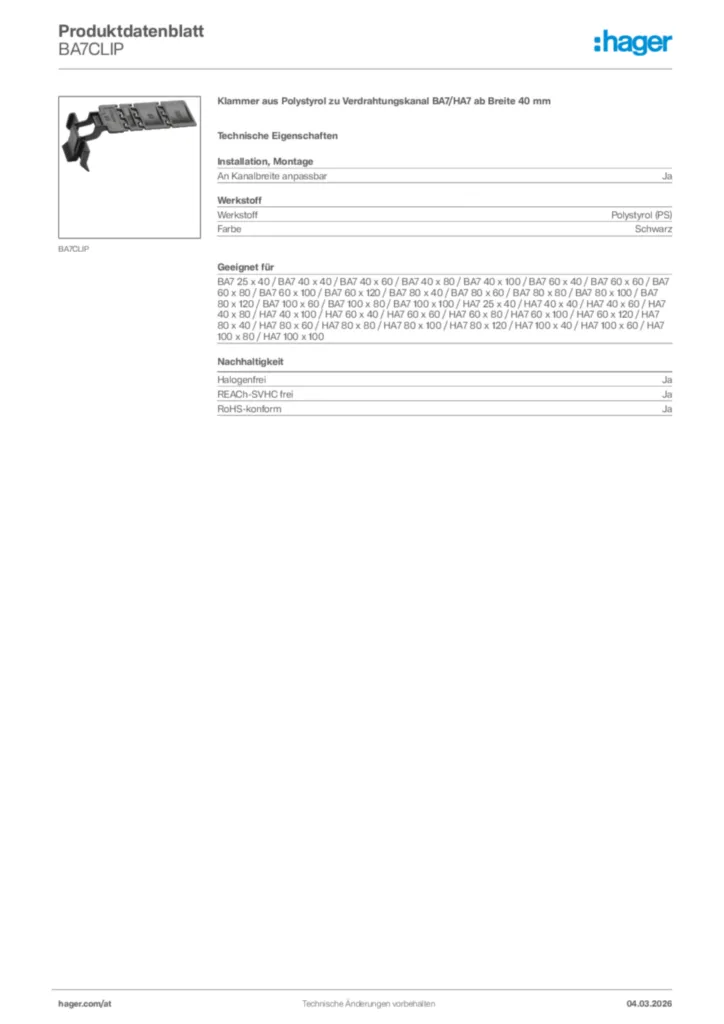 Bild Hager Produktdatenblatt BA7CLIP | Hager Deutschland