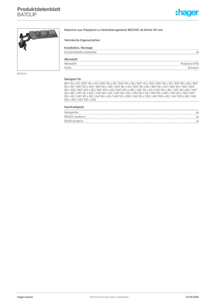 Bild Hager Produktdatenblatt BA7CLIP | Hager Deutschland
