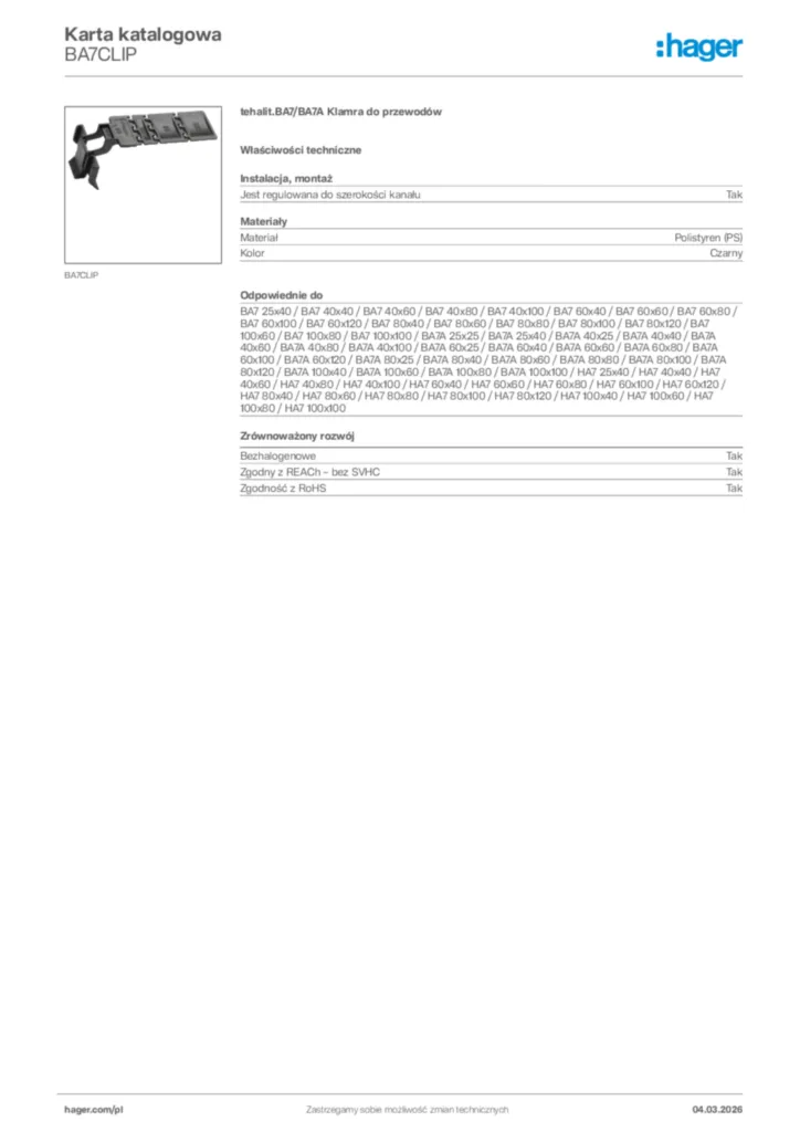 Zdjęcie Hager Karta katalogowa BA7CLIP | Hager Polska