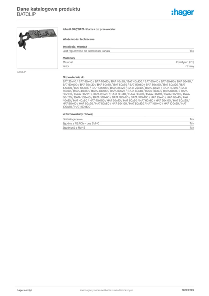 Zdjęcie Hager Dane katalogowe produktu BA7CLIP | Hager Polska