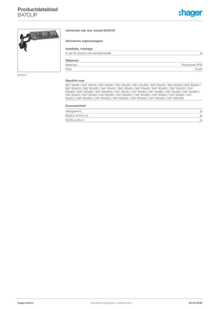 Afbeelding Hager Productdatablad BA7CLIP | Hager Nederland