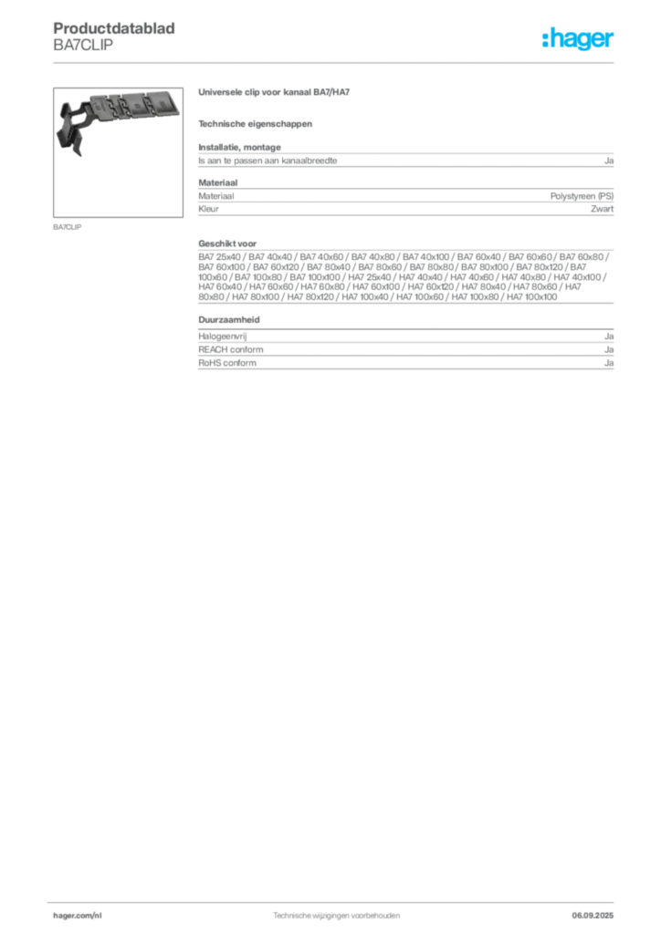 Afbeelding Hager Productdatablad BA7CLIP | Hager Nederland