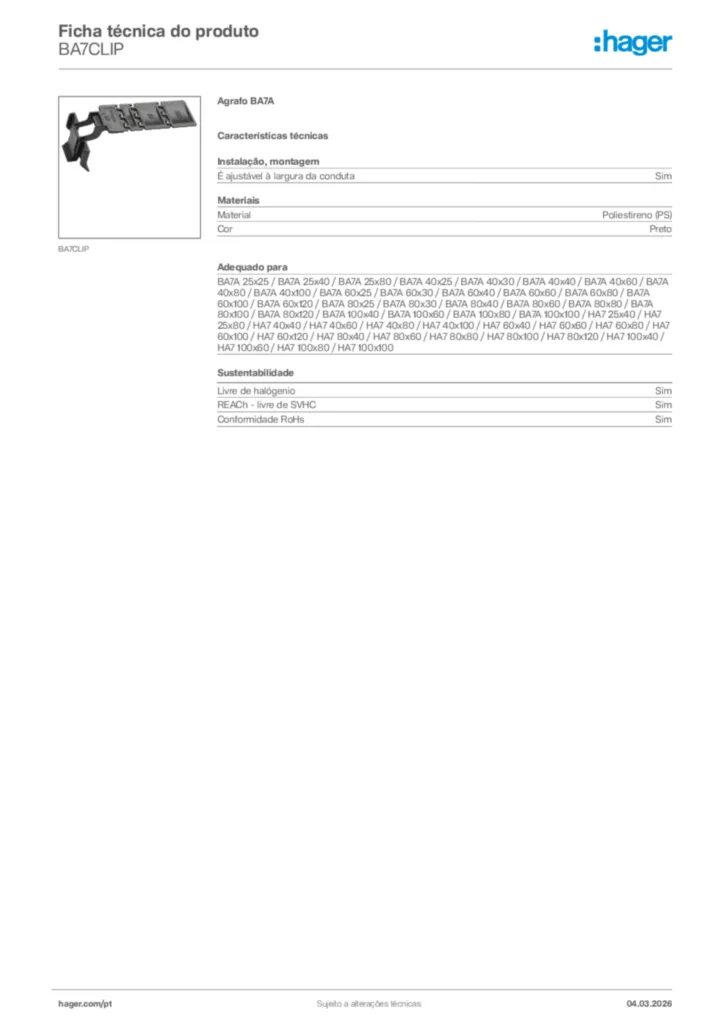 Imagem Hager Ficha técnica do produto BA7CLIP | Hager Portugal