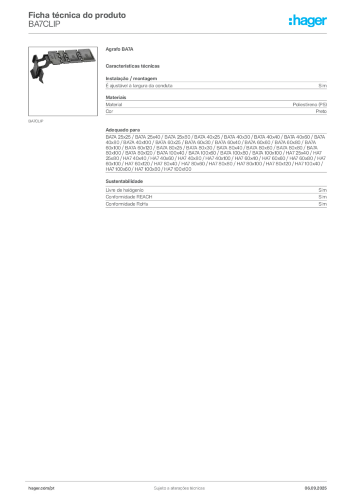 Imagem Hager Ficha técnica do produto BA7CLIP | Hager Portugal