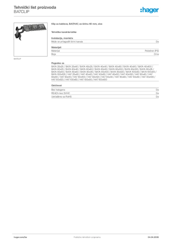 Slika Hager Tehnički list proizvoda BA7CLIP  | Hager