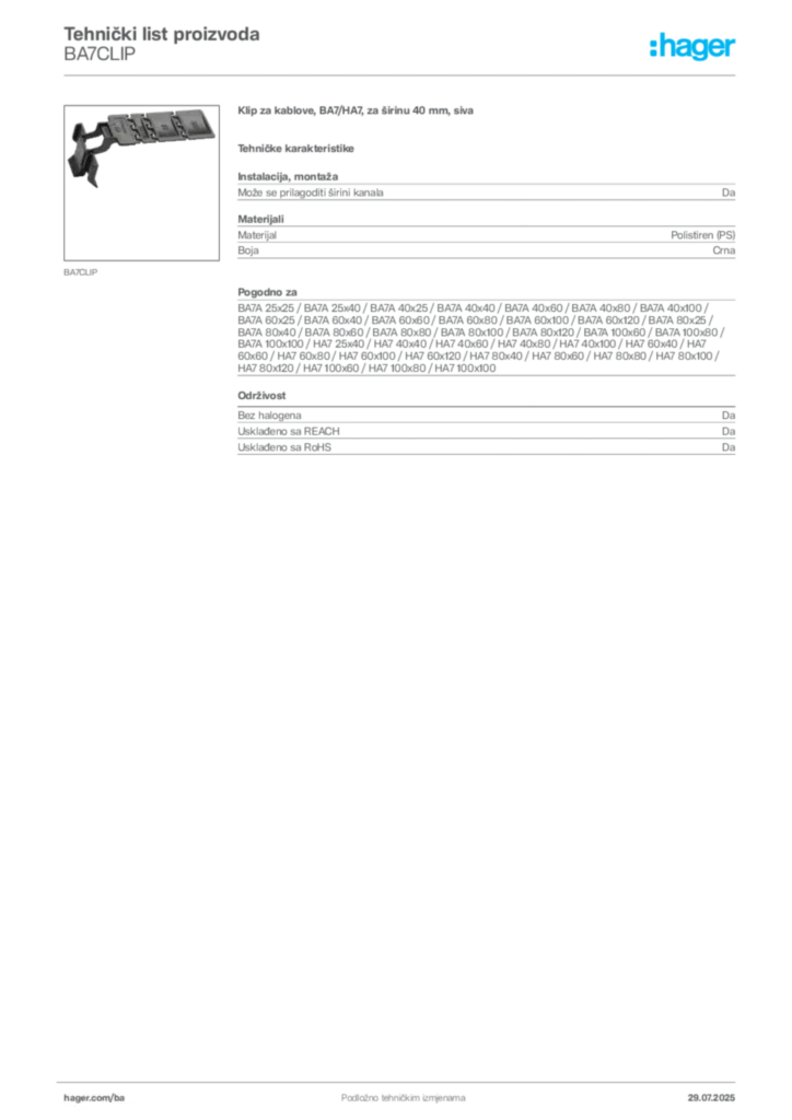 Slika Hager Product data sheet BA7CLIP  | Hager