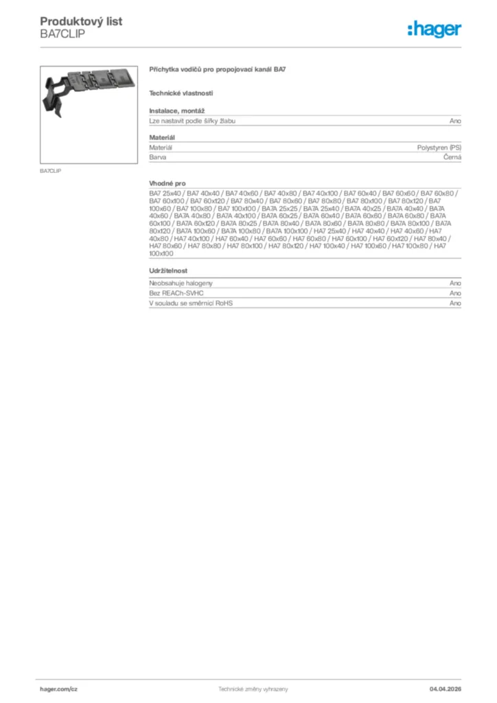 Obrázek Hager Product data sheet BA7CLIP | Hager