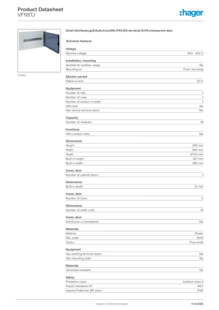 Image Hager Product data sheet VF118TJ  | Hager Africa