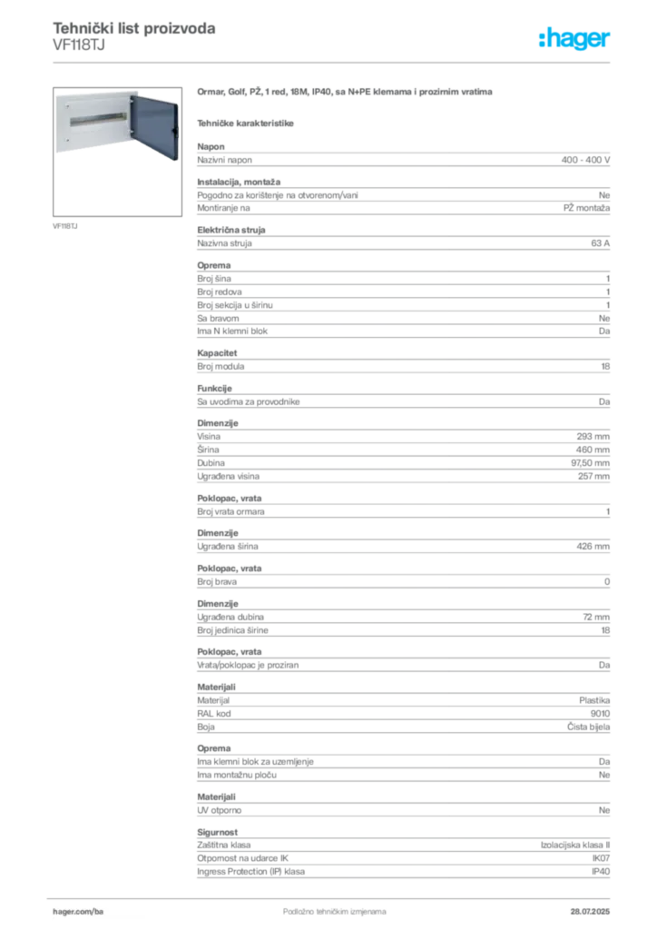 Slika Hager Product data sheet VF118TJ  | Hager