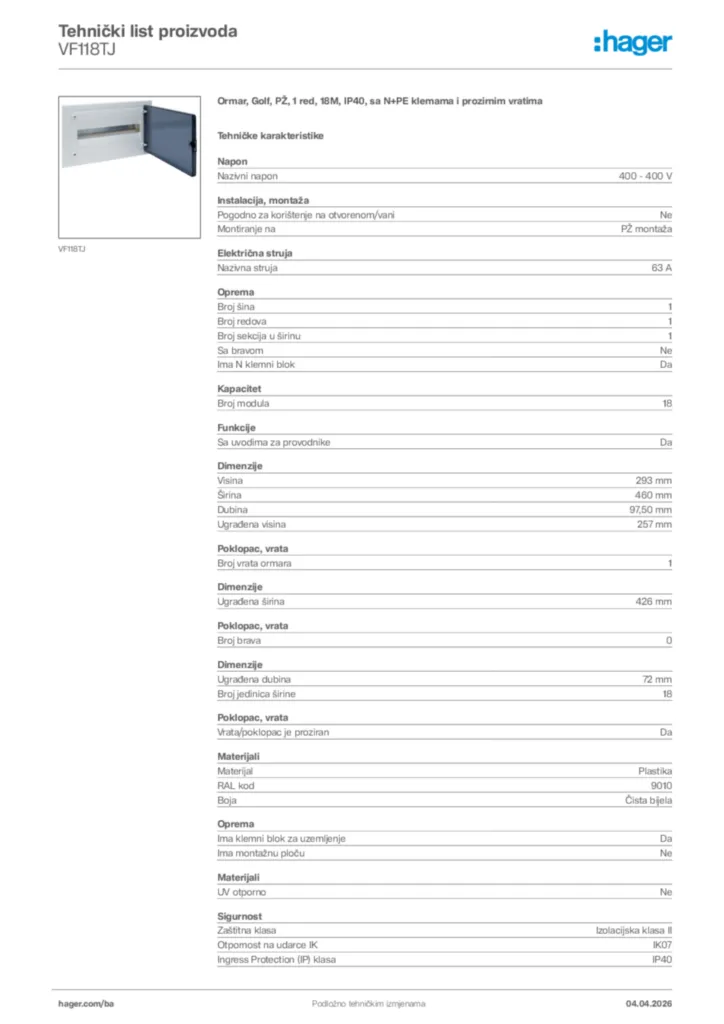 Slika Hager Tehnički list proizvoda VF118TJ  | Hager