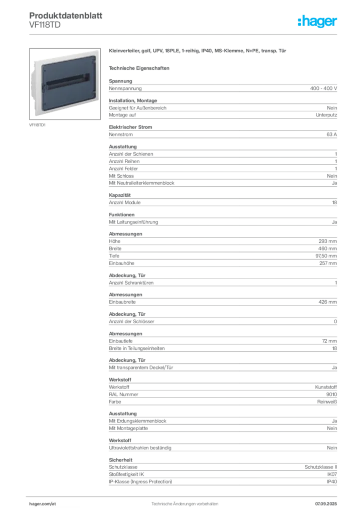 Bild Hager Produktdatenblatt VF118TD | Hager Deutschland