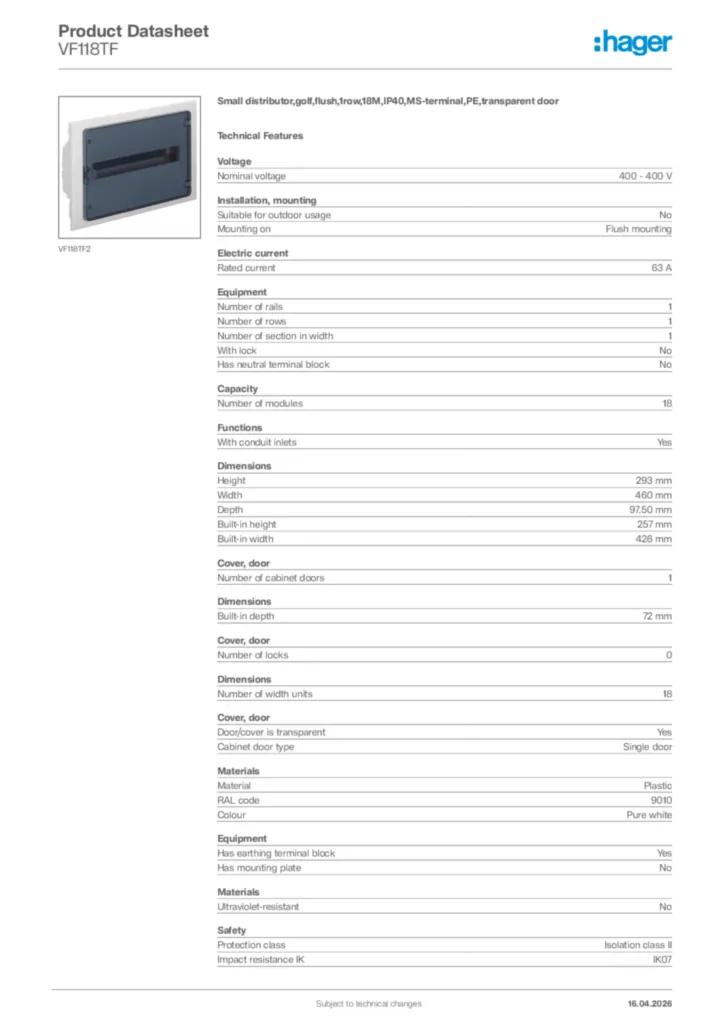 Image Hager Product data sheet VF118TF  | Hager Africa