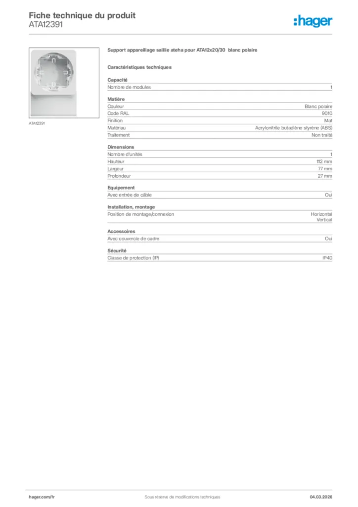 Image Hager Fiche technique du produit ATA12391 | Hager France