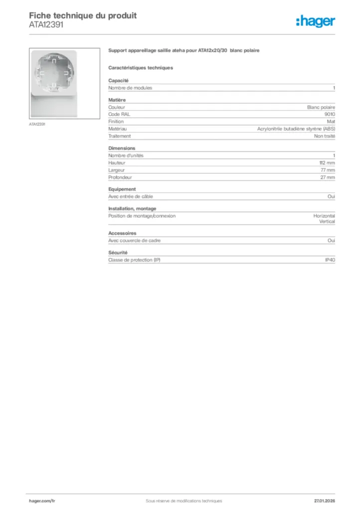 Image Hager Fiche technique du produit ATA12391 | Hager France