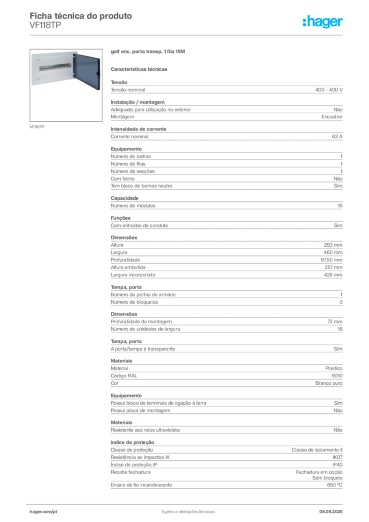Imagem Hager Ficha técnica do produto VF118TP | Hager Portugal