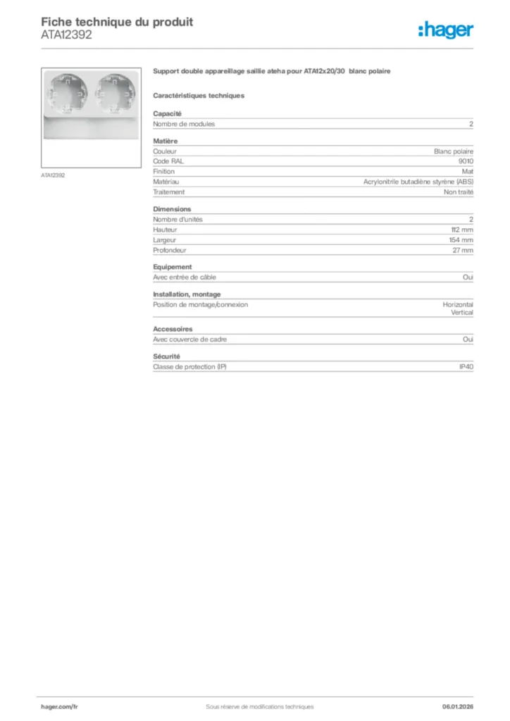 Image Hager Fiche technique du produit ATA12392 | Hager France