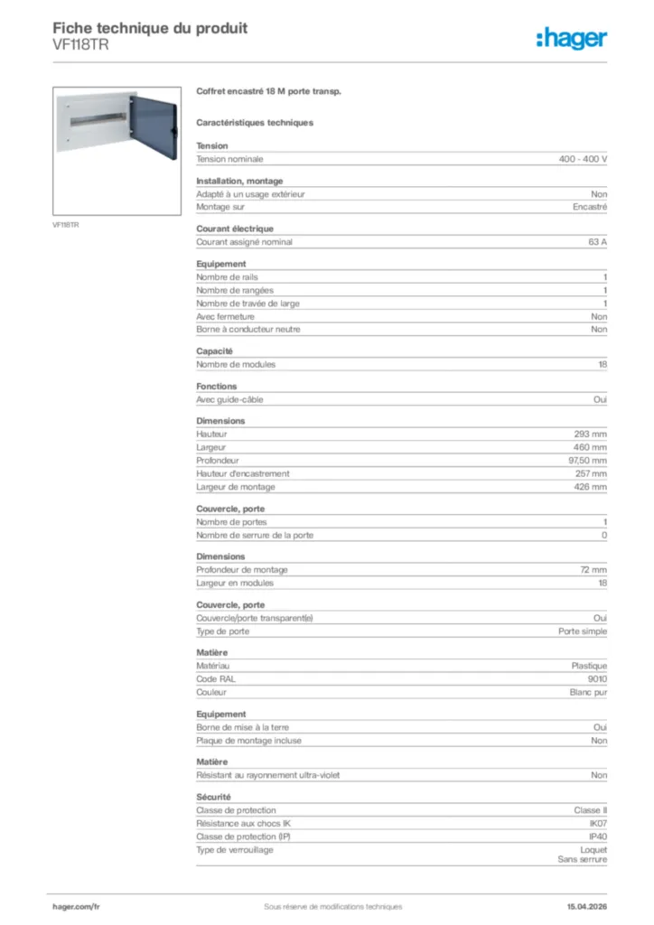 Image Hager Fiche technique du produit VF118TR | Hager France
