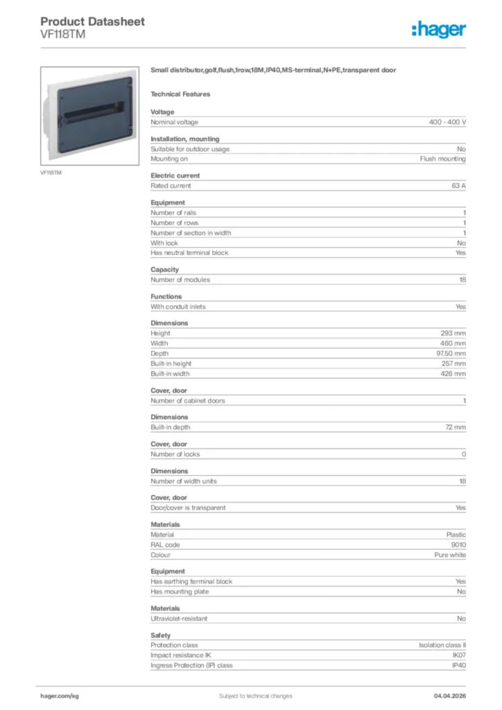 Image Hager Product data sheet VF118TM  | Hager