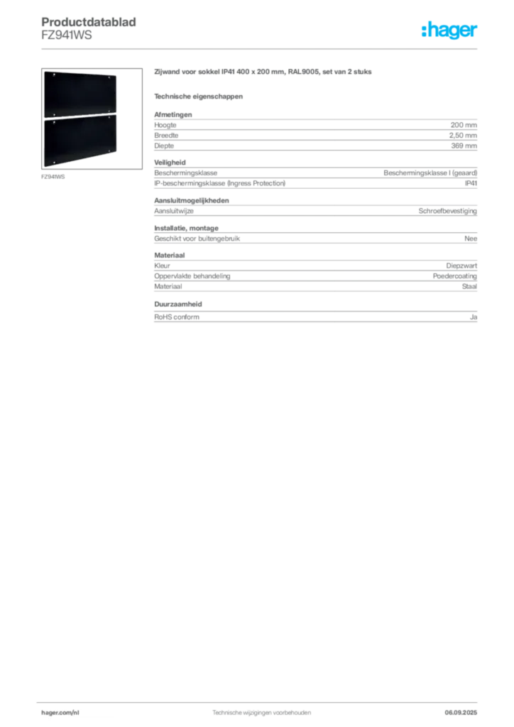 Afbeelding Hager Productdatablad FZ941WS | Hager Nederland
