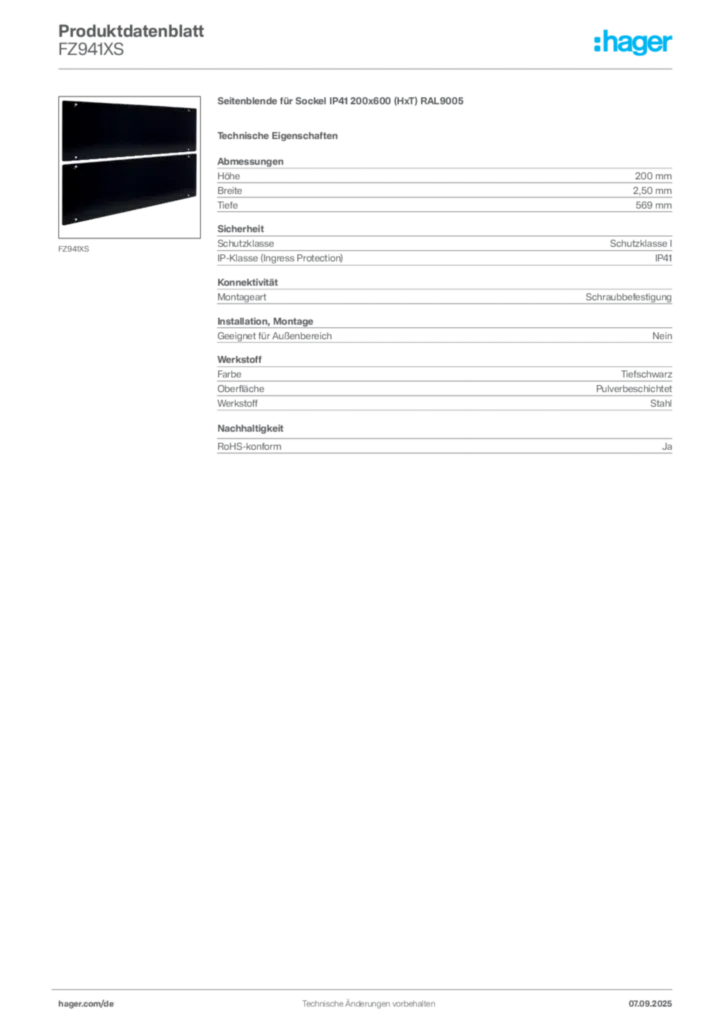 Bild Hager Produktdatenblatt FZ941XS | Hager Deutschland