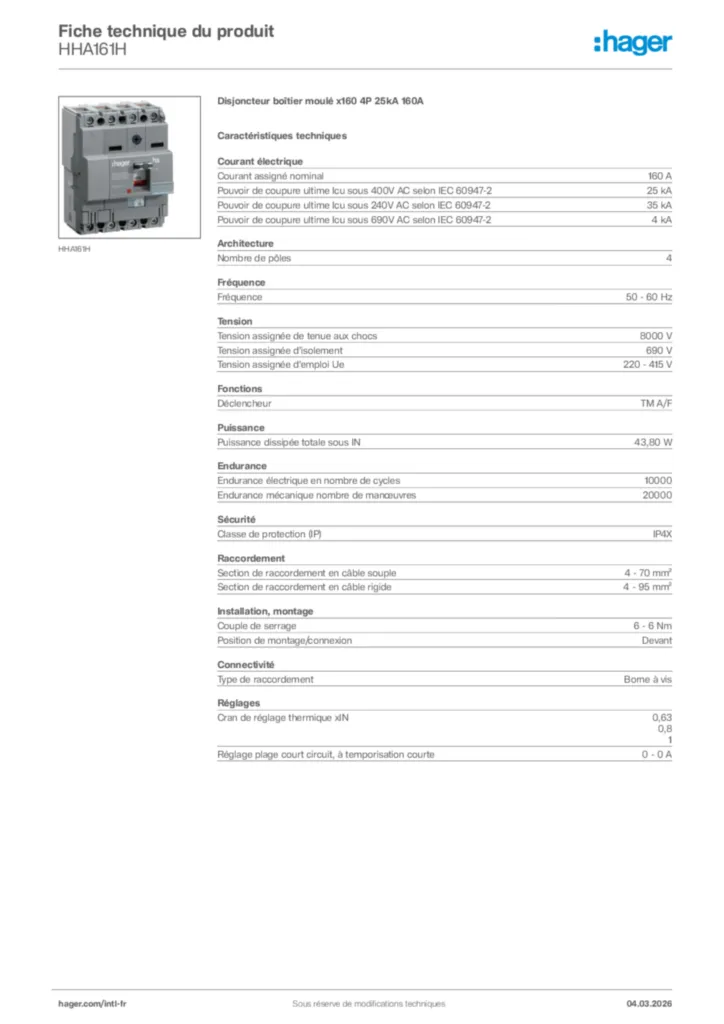 Image Hager Fiche technique du produit HHA161H | Hager Afrique