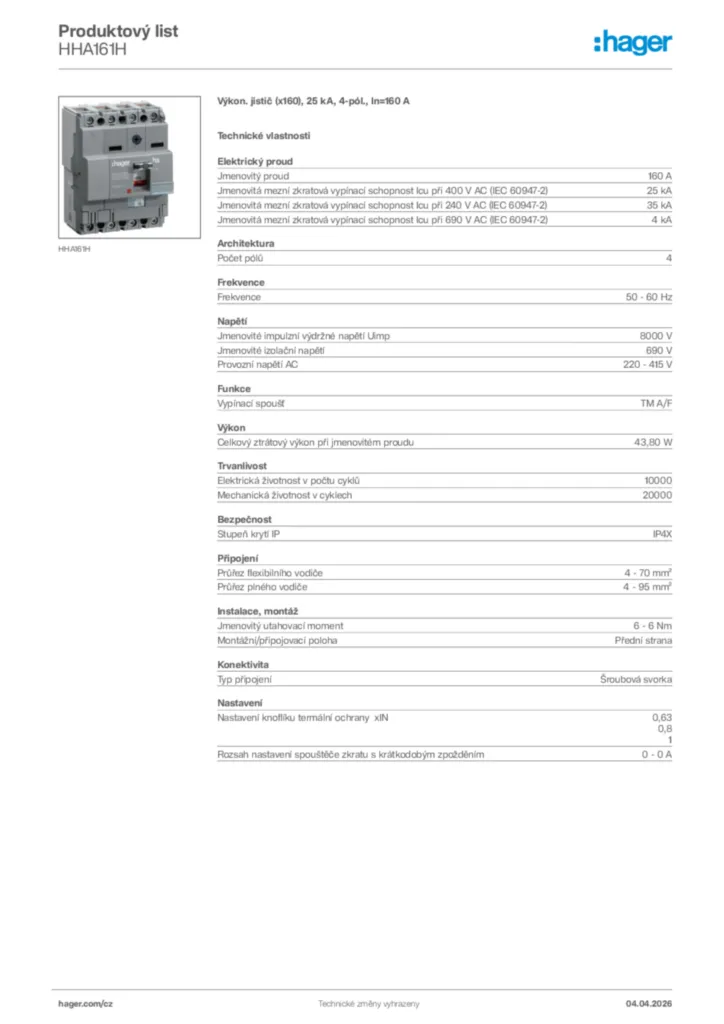 Obrázek Hager Product data sheet HHA161H | Hager