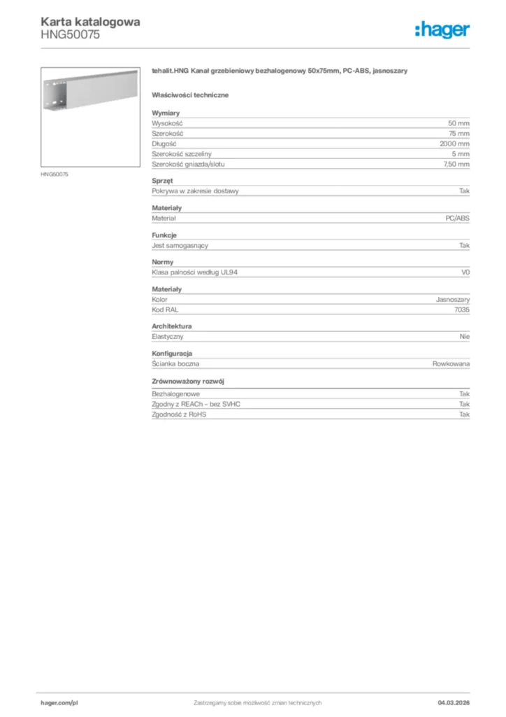 Zdjęcie Hager Karta katalogowa HNG50075 | Hager Polska