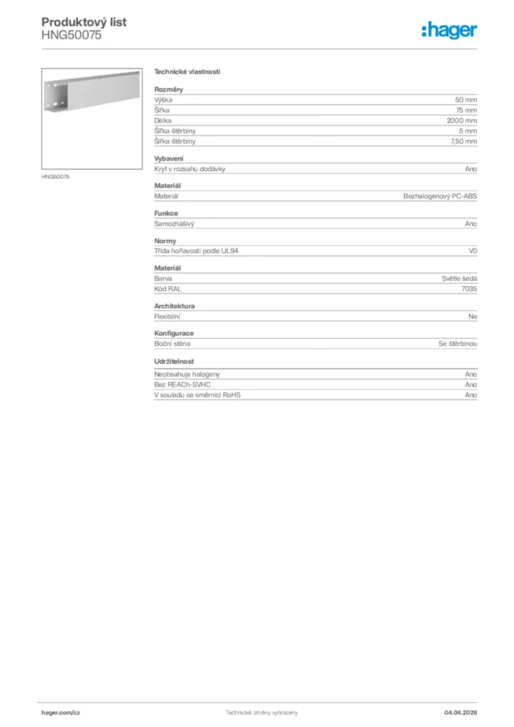 Obrázek Hager Product data sheet HNG50075 | Hager