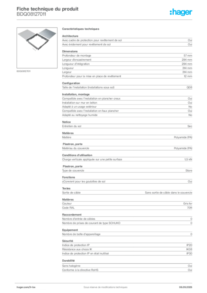 Image Hager Fiche technique du produit BDQ08127011 | Hager Belgique