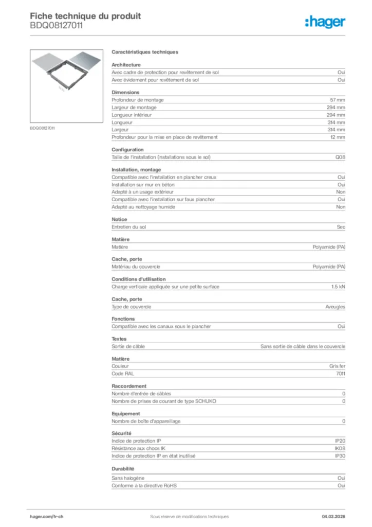 Image Hager Fiche technique du produit BDQ08127011 | Hager Suisse