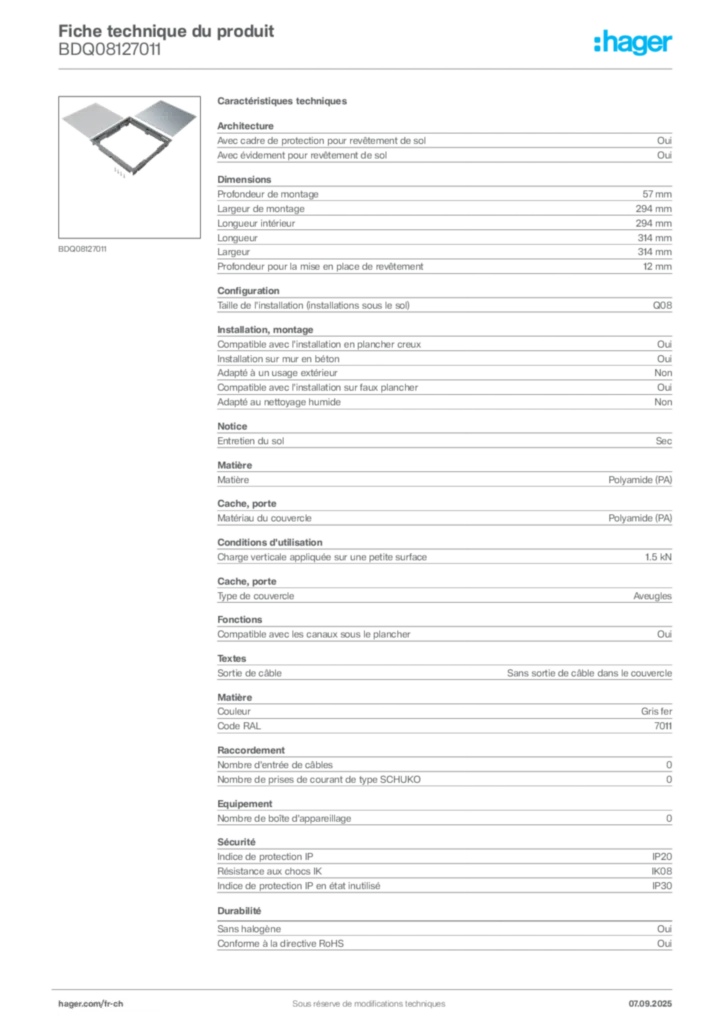 Image Hager Fiche technique du produit BDQ08127011 | Hager Suisse