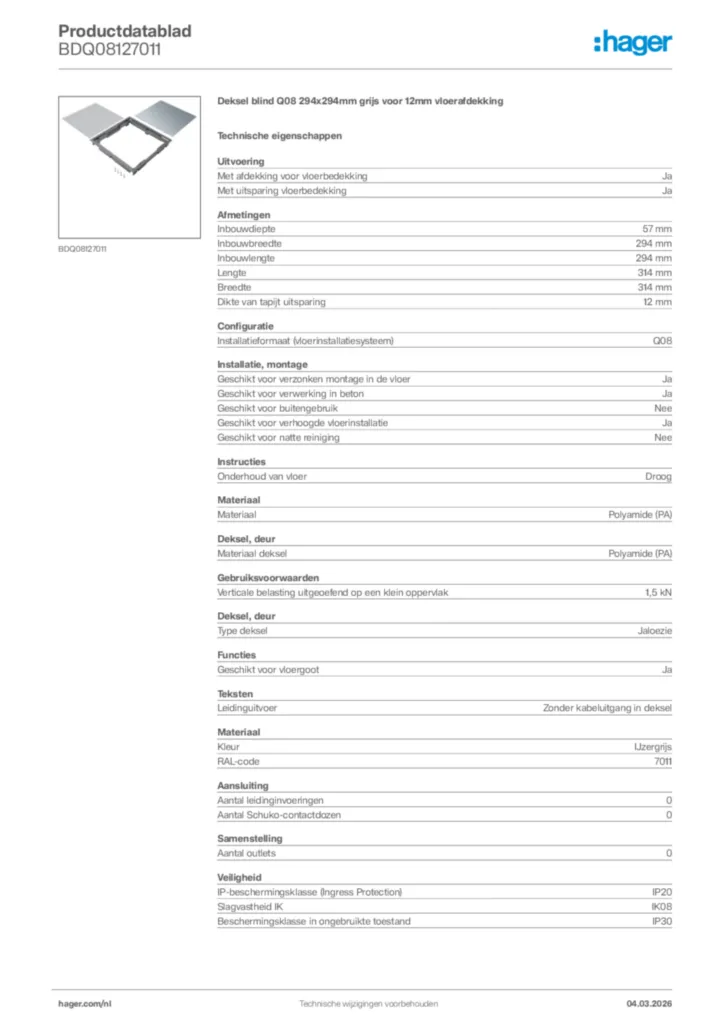 Afbeelding Hager Productdatablad BDQ08127011 | Hager Nederland