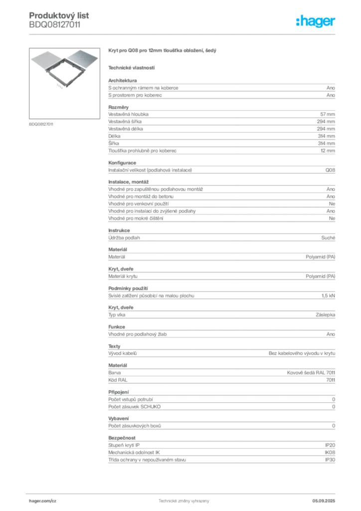 Obrázek Hager Produktový list BDQ08127011 | Hager