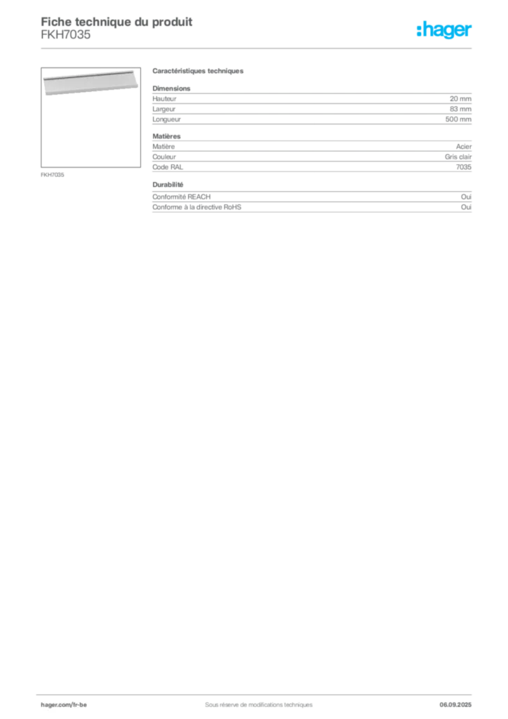 Image Hager Fiche technique du produit FKH7035 | Hager Belgique